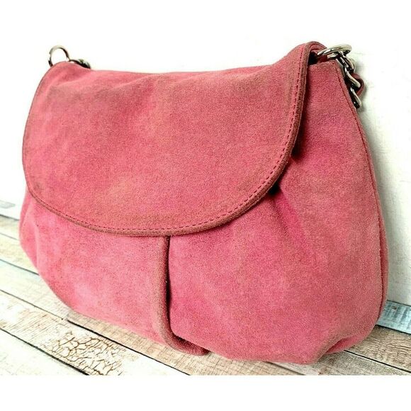 Ann Taylor DUST PINK GENUINE LEATHER SUEDE CHAIN STRAP SHOULDER BAG HANDBAG BOHO - Picture 3 of 11